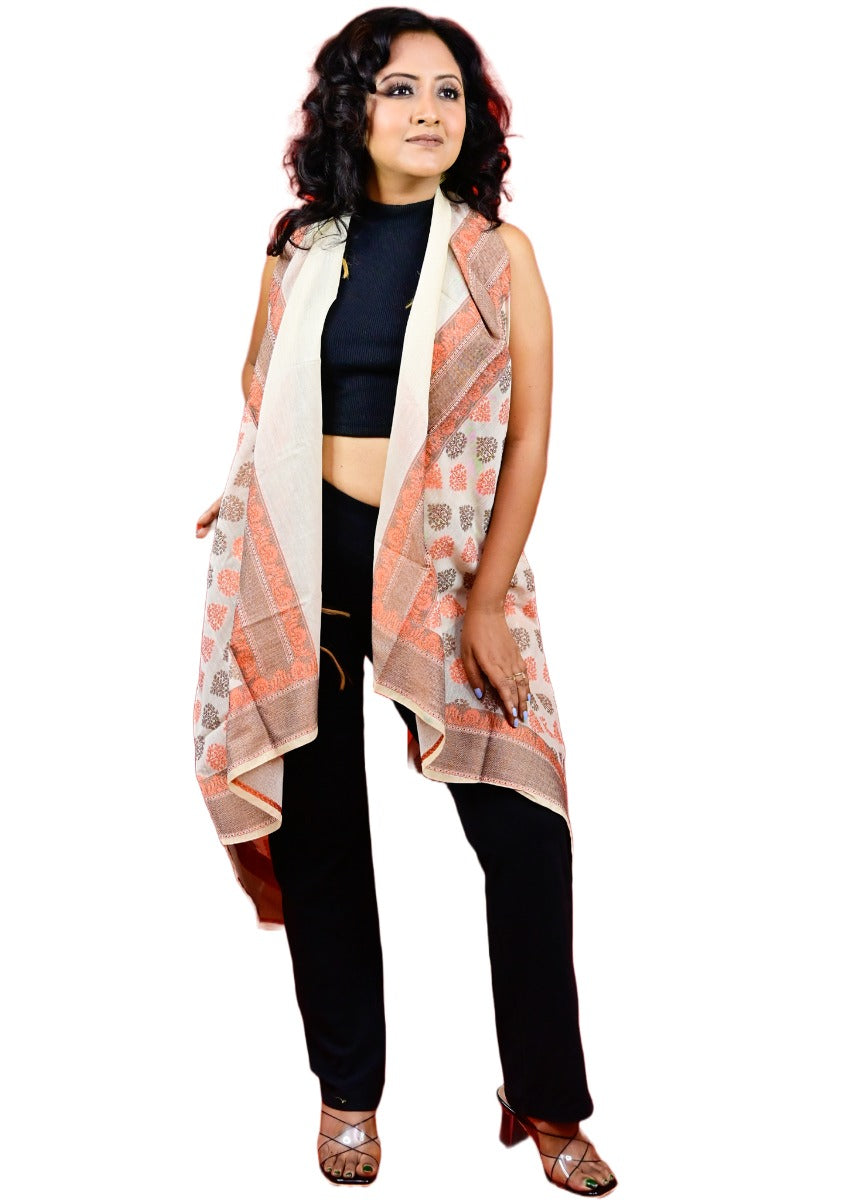 Fartila 081614 White & Orange Cotton Silk Banarasi Dupatta