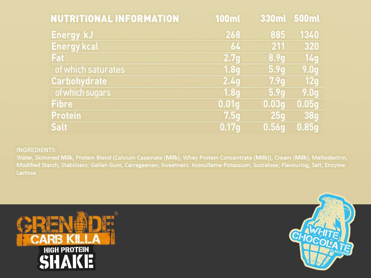 Grenade- Carb Killa High Protein Shake White Chocolate | Low Sugar| White Chocolate Flavour | Nutritious Shake | Guilt-free Shake | 330ml | Pack of 8