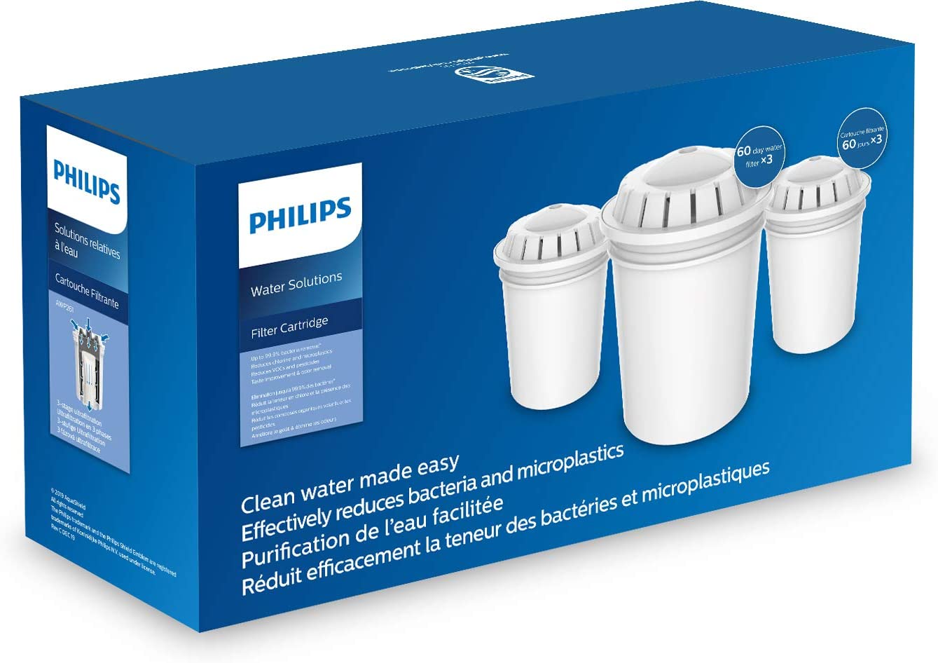 Philips AWP261 Water Filter Cartridge Removes Bacteria, Filtration Capacity 200L 3 Pack