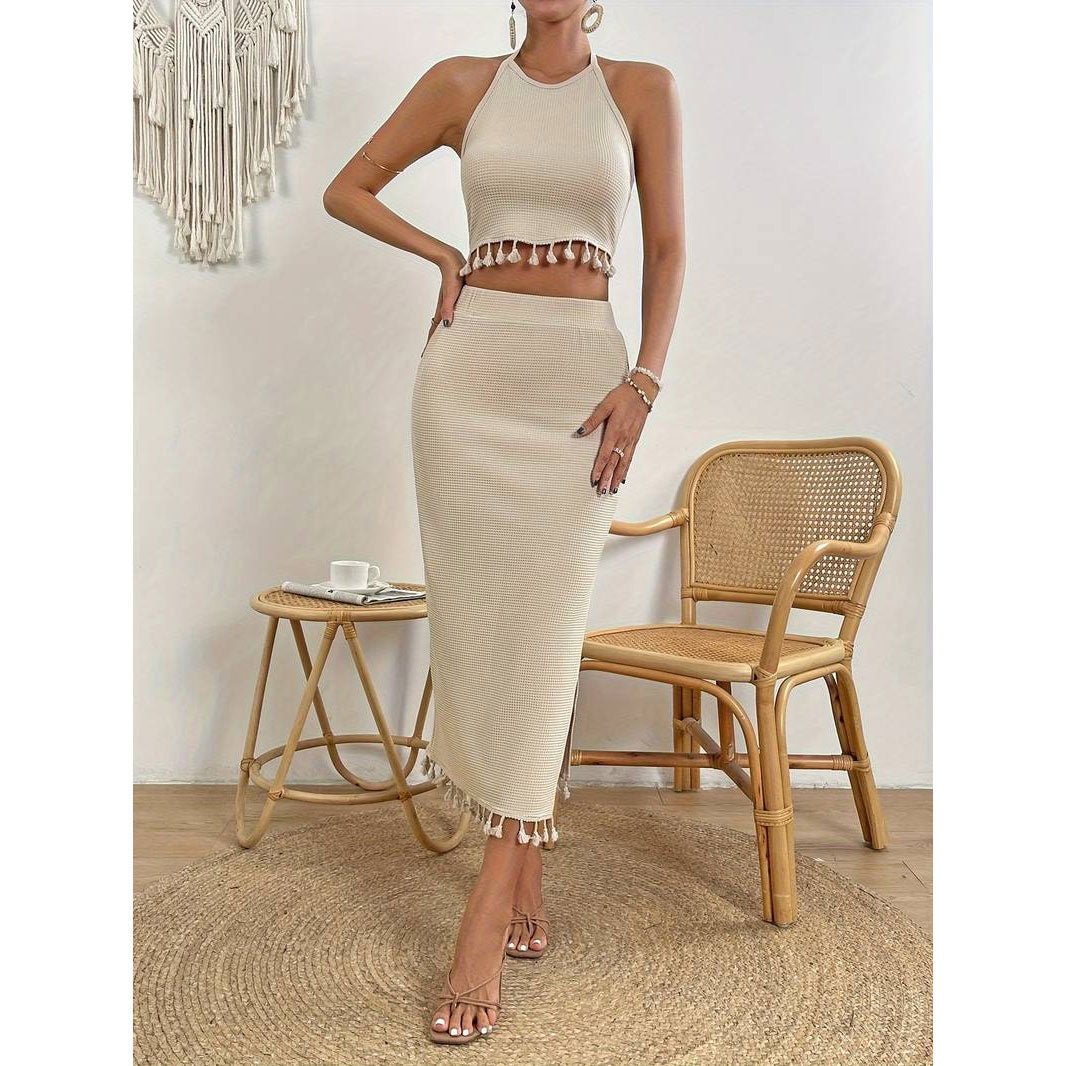 Tassel Hem Solid Skirt Suit - Beige - M
