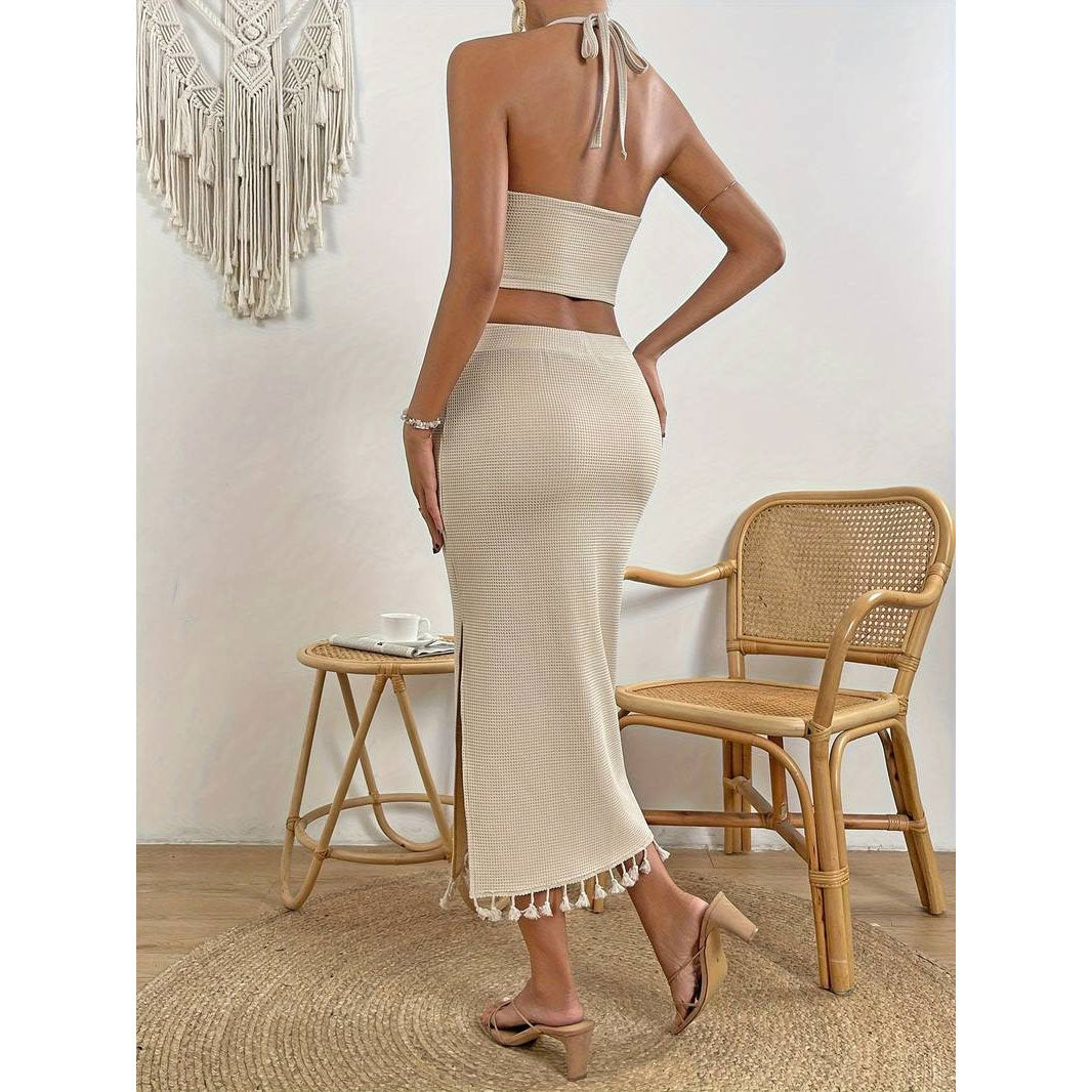 Tassel Hem Solid Skirt Suit - Beige - M