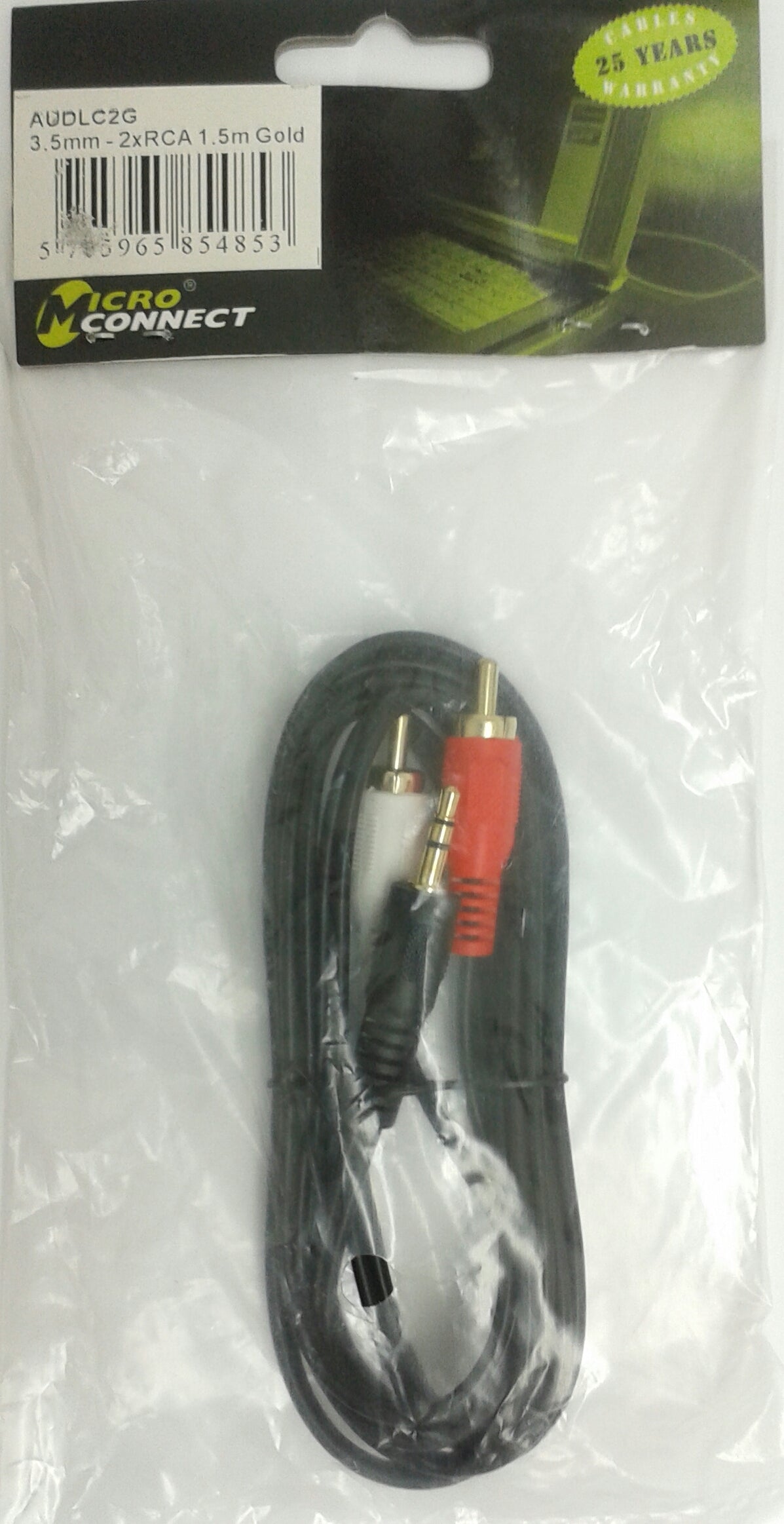 Microconnect AUDLC2G 3.5mm - 2xRCA 1.5m Gold- Brand New