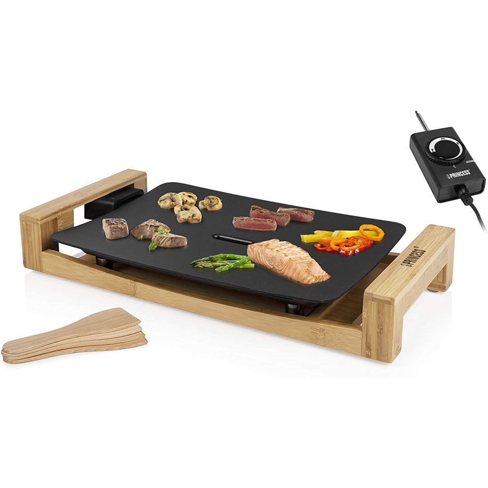 Princess 103010 Table Chef, Table Grill XL, Teppanyaki Grill, 1600 W, Bamboo Stand, Adjustable Thermostat