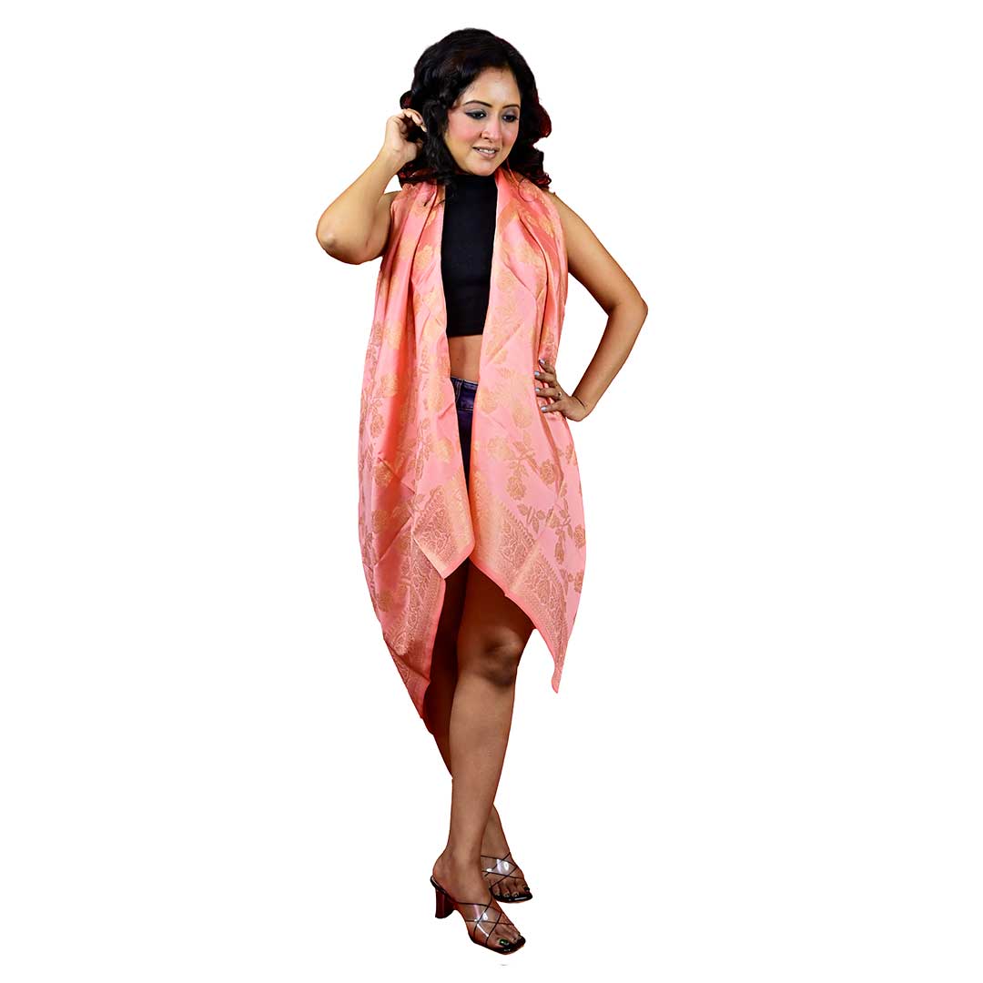 Fartila 081539 Pink Taffeta Silk Banarasi Dupatta