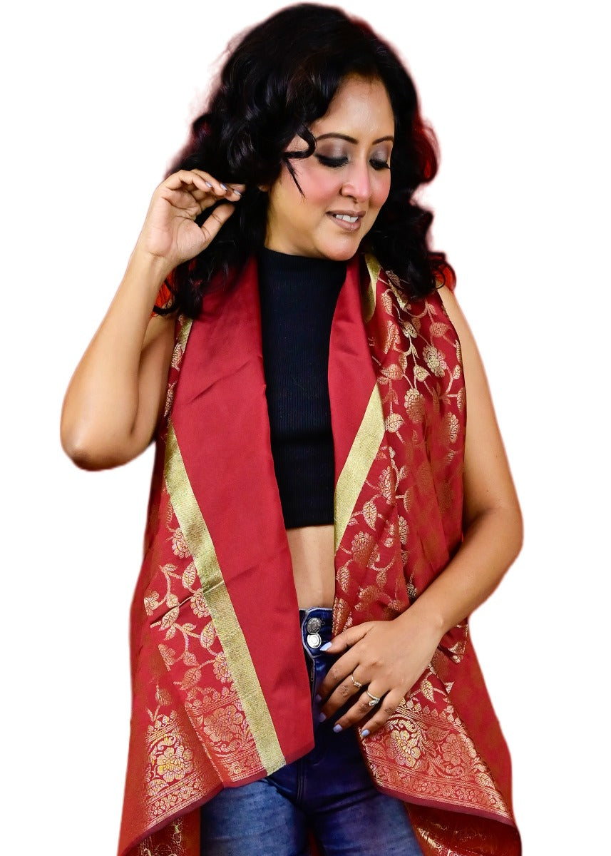 Fartila 081553 Maroon Taffeta Silk Banarasi Dupatta