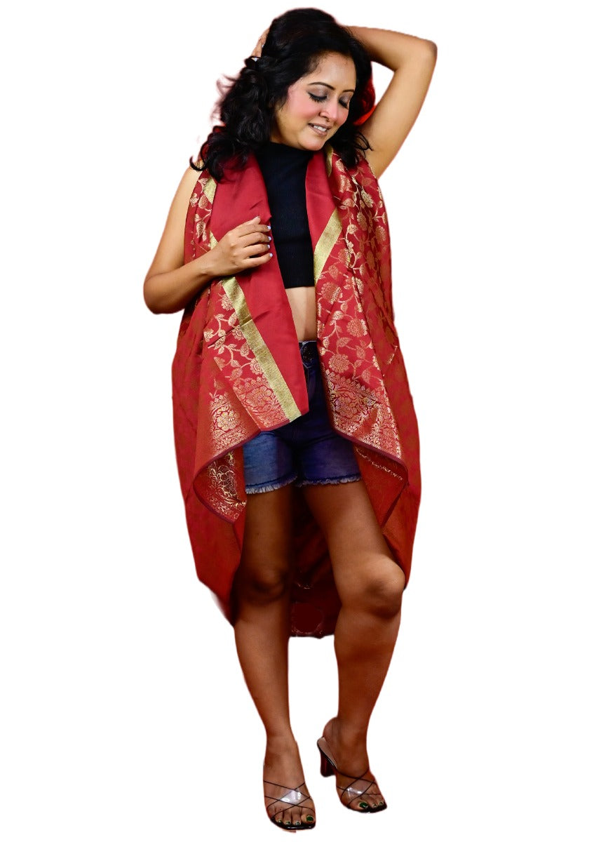 Fartila 081553 Maroon Taffeta Silk Banarasi Dupatta