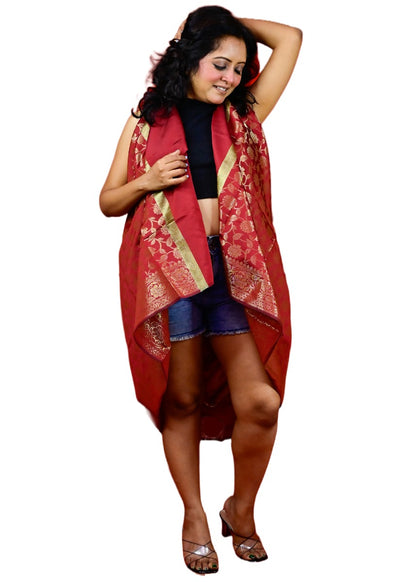 Fartila 081553 Maroon Taffeta Silk Banarasi Dupatta