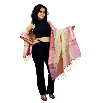 Fartila 081577 White Taffeta Silk Banarasi Dupatta