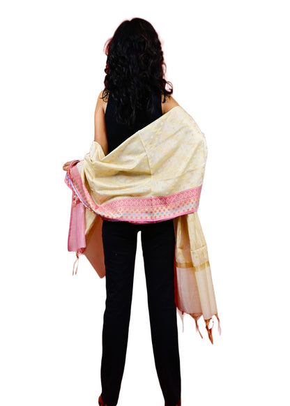 Fartila 081577 White Taffeta Silk Banarasi Dupatta