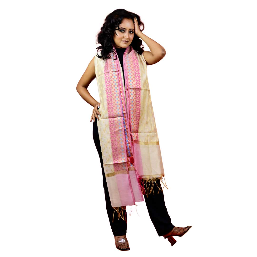 Fartila 081577 White Taffeta Silk Banarasi Dupatta