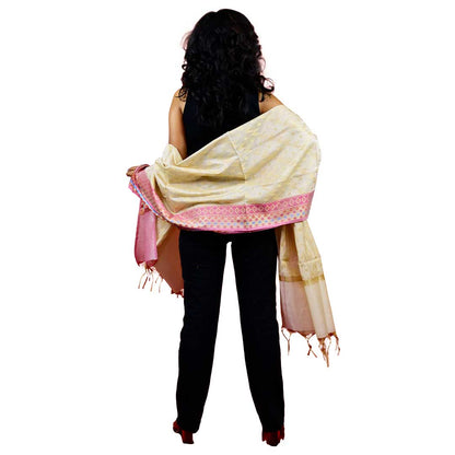 Fartila 081577 White Taffeta Silk Banarasi Dupatta