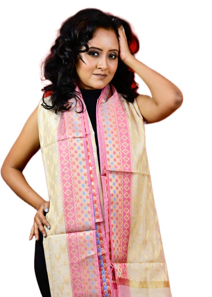 Fartila 081577 White Taffeta Silk Banarasi Dupatta