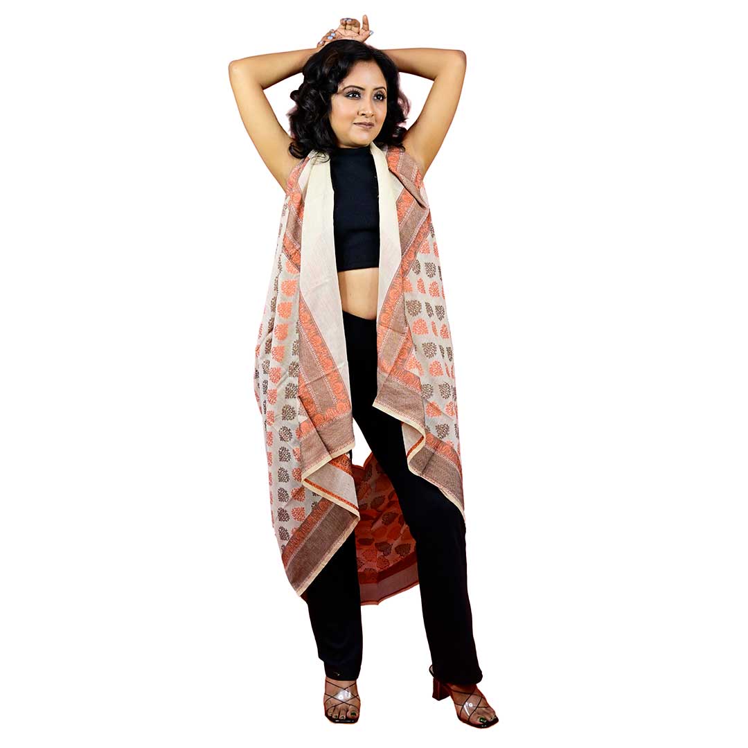 Fartila 081614 White & Orange Cotton Silk Banarasi Dupatta