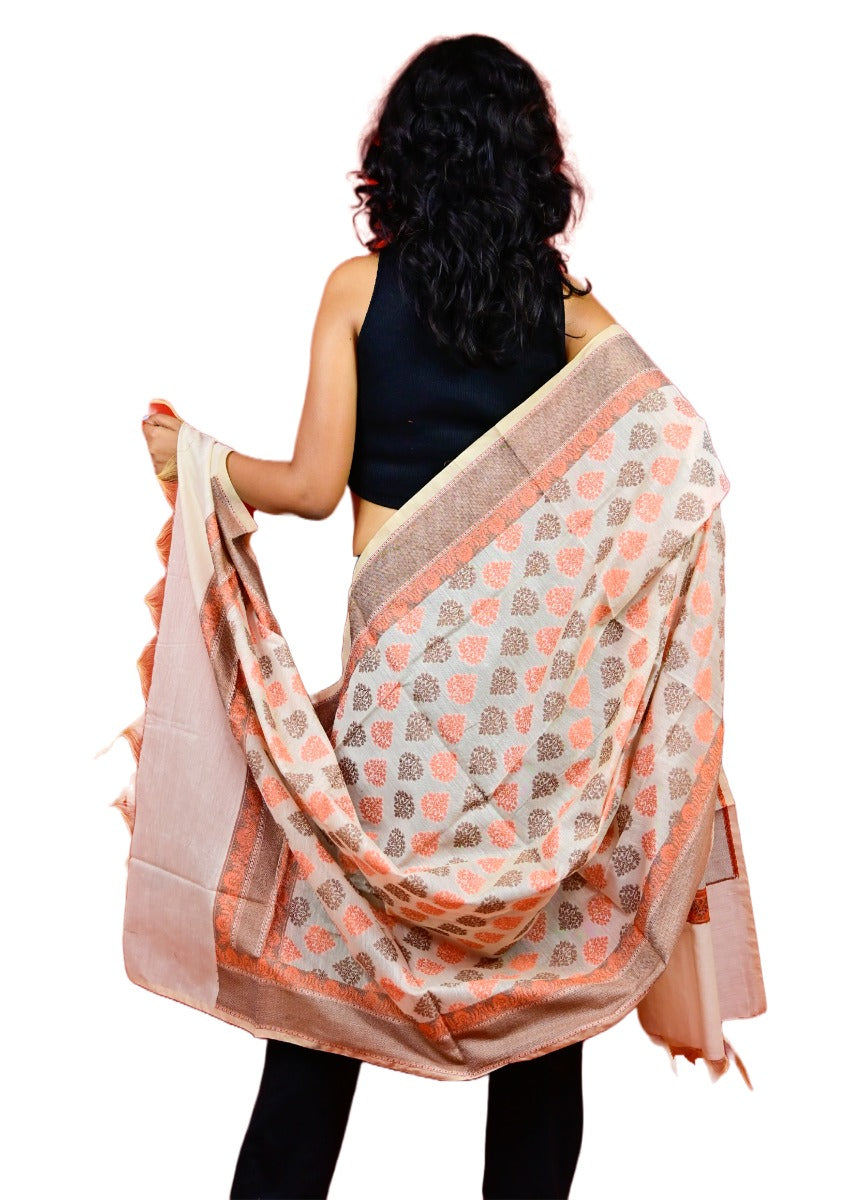Fartila 081614 White & Orange Cotton Silk Banarasi Dupatta
