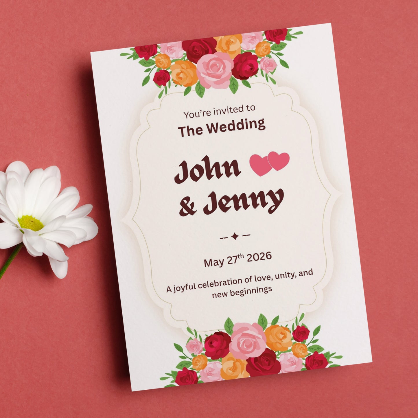 Editable Wedding Invitation Digital Card | Rose Flowers Canva Template