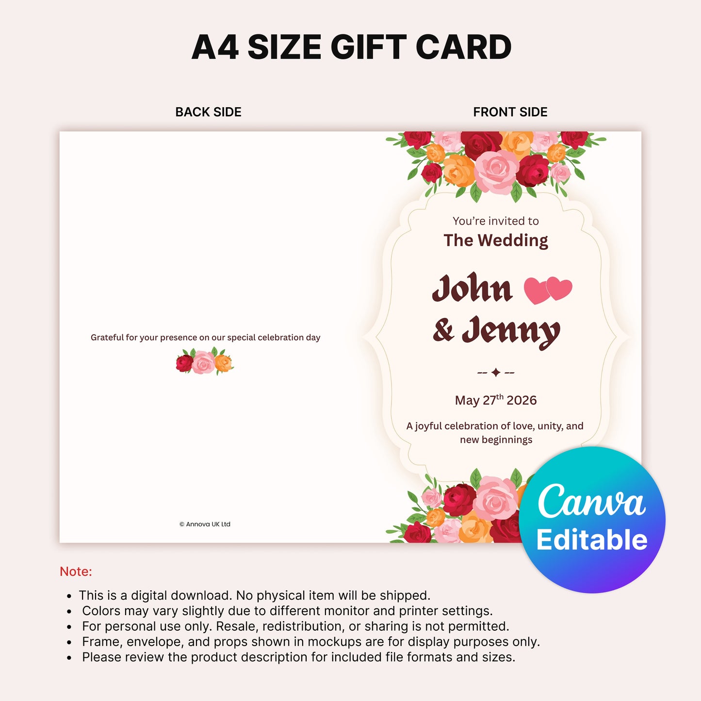 Editable Wedding Invitation Digital Card | Rose Flowers Canva Template