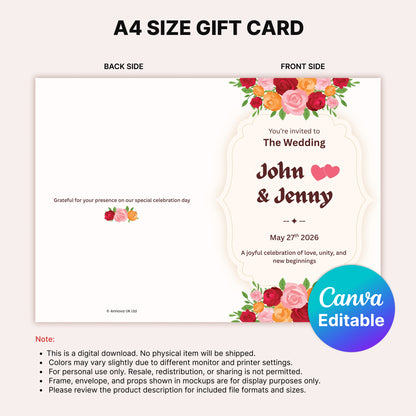 Editable Wedding Invitation Digital Card | Rose Flowers Canva Template