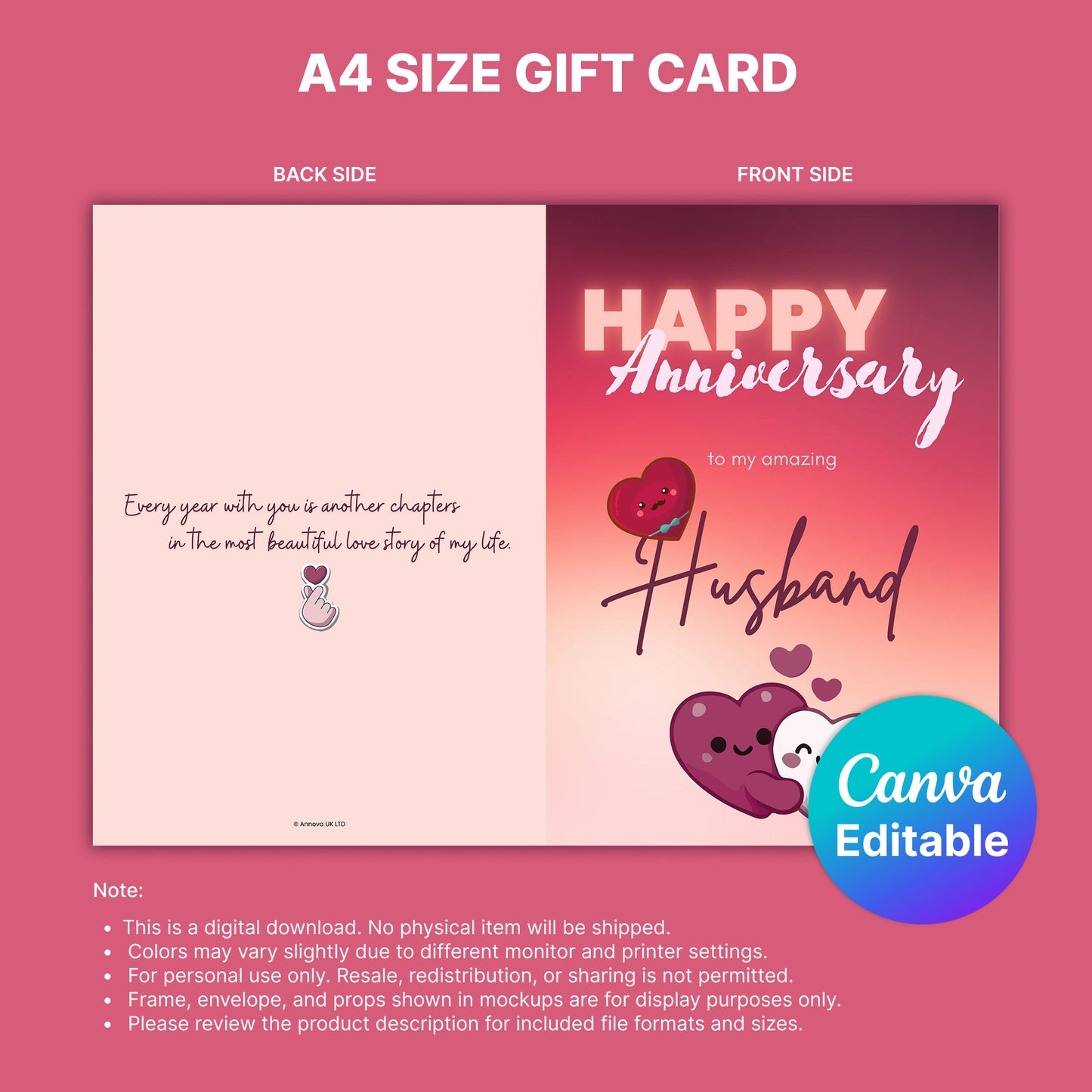 Happy Anniversary Husband Digital Card | Two Hearts Canva Template