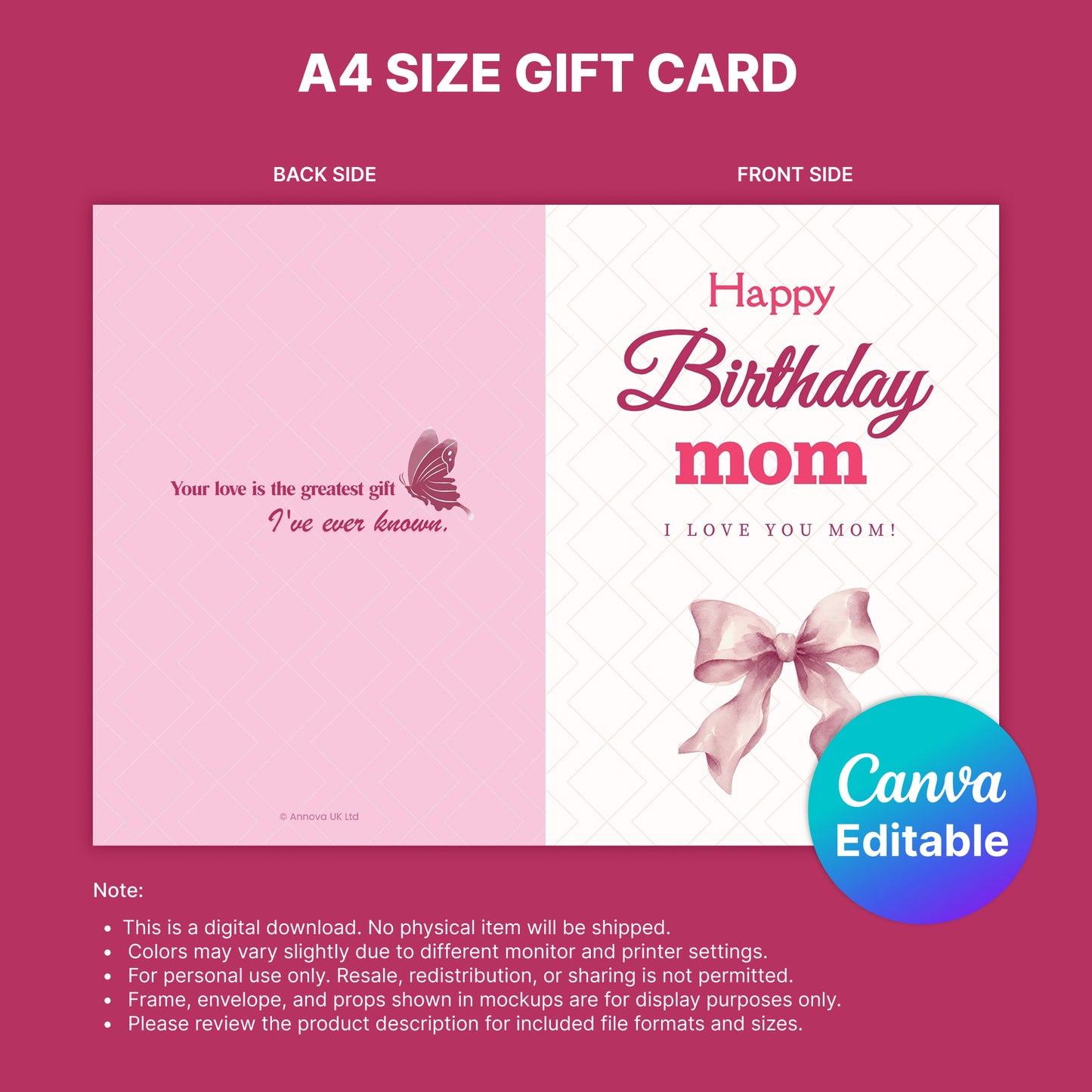 Happy Birthday Mom Digital Card | Ribbon Bow Canva Template