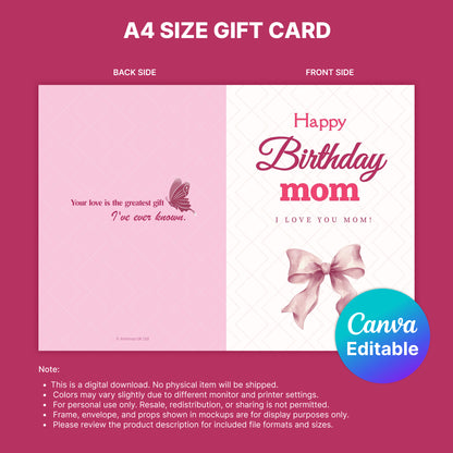 Happy Birthday Mom Digital Card | Ribbon Bow Canva Template