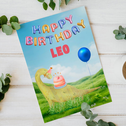 Happy Birthday Leo Digital Card | Cute Dinosaur Canva Template