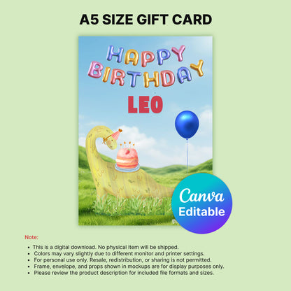Happy Birthday Leo Digital Card | Cute Dinosaur Canva Template