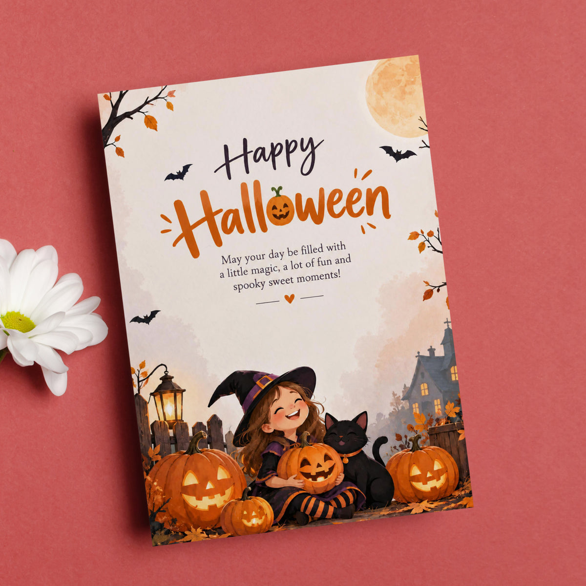 Happy Halloween Digital Card | Cute Girl with Pumpkins Canva Template