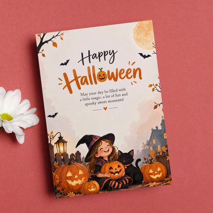 Happy Halloween Digital Card | Cute Girl with Pumpkins Canva Template
