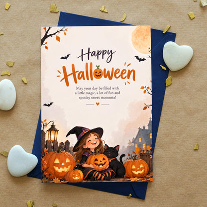 Happy Halloween Digital Card | Cute Girl with Pumpkins Canva Template