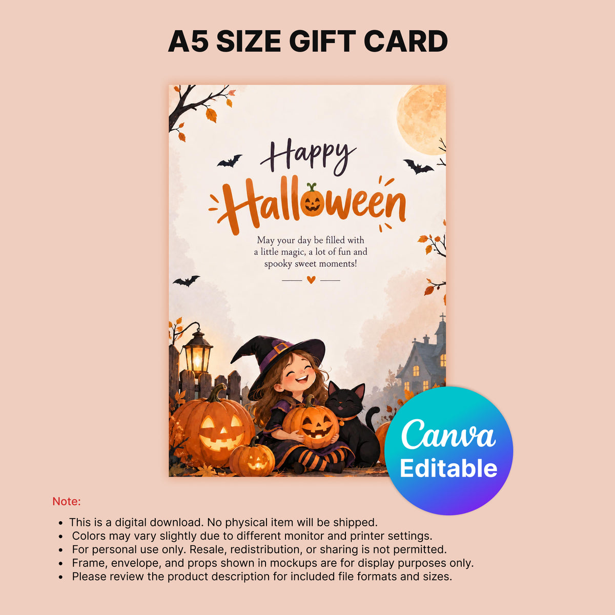 Happy Halloween Digital Card | Cute Girl with Pumpkins Canva Template
