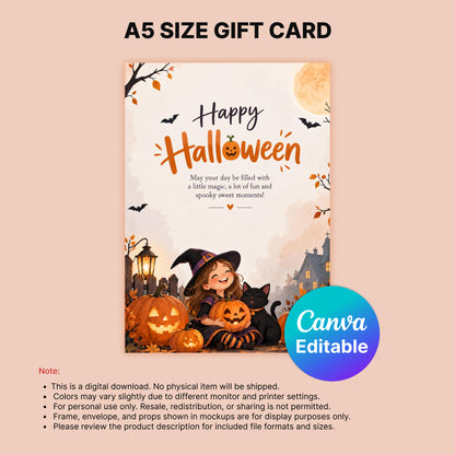 Happy Halloween Digital Card | Cute Girl with Pumpkins Canva Template