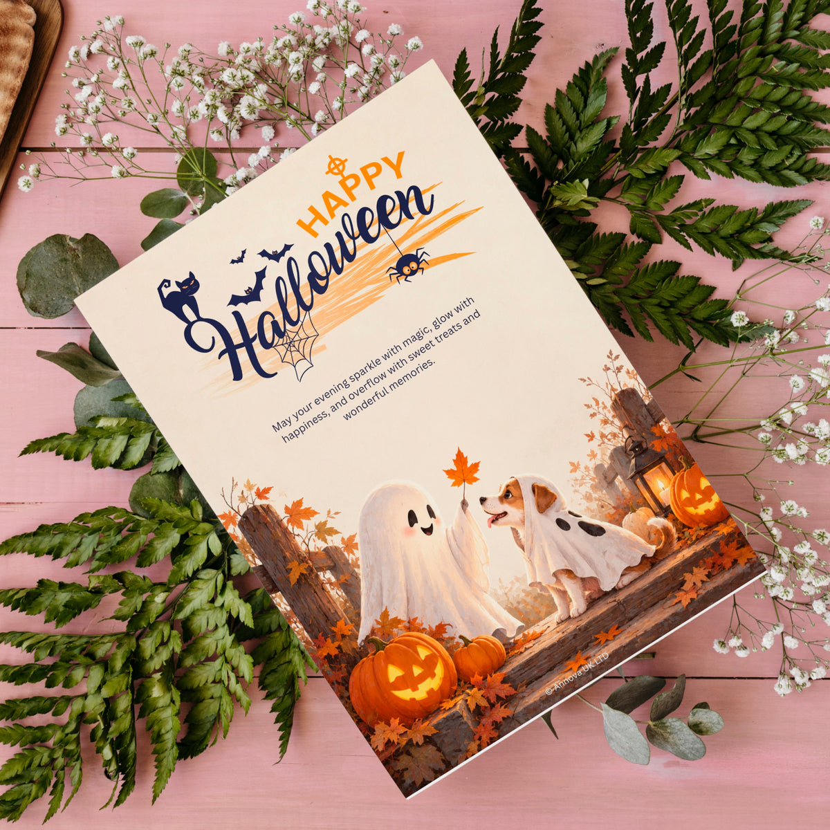 Happy Halloween Digital Card | Ghost Girl with Dog Canva Template