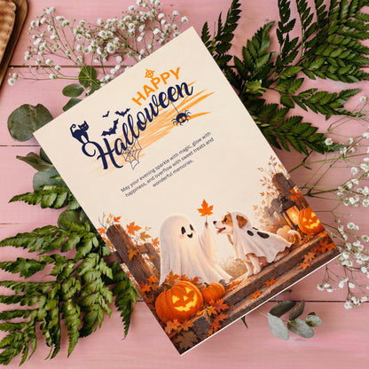Happy Halloween Digital Card | Ghost Girl with Dog Canva Template