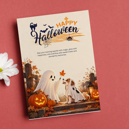 Happy Halloween Digital Card | Ghost Girl with Dog Canva Template