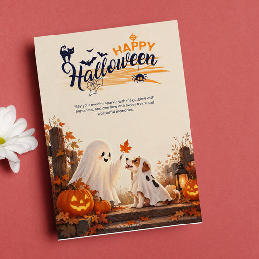 Happy Halloween Digital Card | Ghost Girl with Dog Canva Template