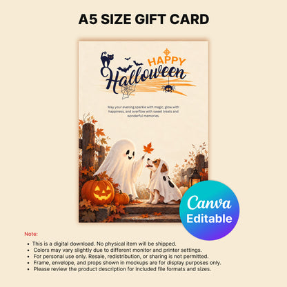 Happy Halloween Digital Card | Ghost Girl with Dog Canva Template