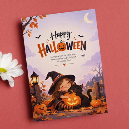 Happy Halloween Digital Card | Girl with Pumpkins & Cat