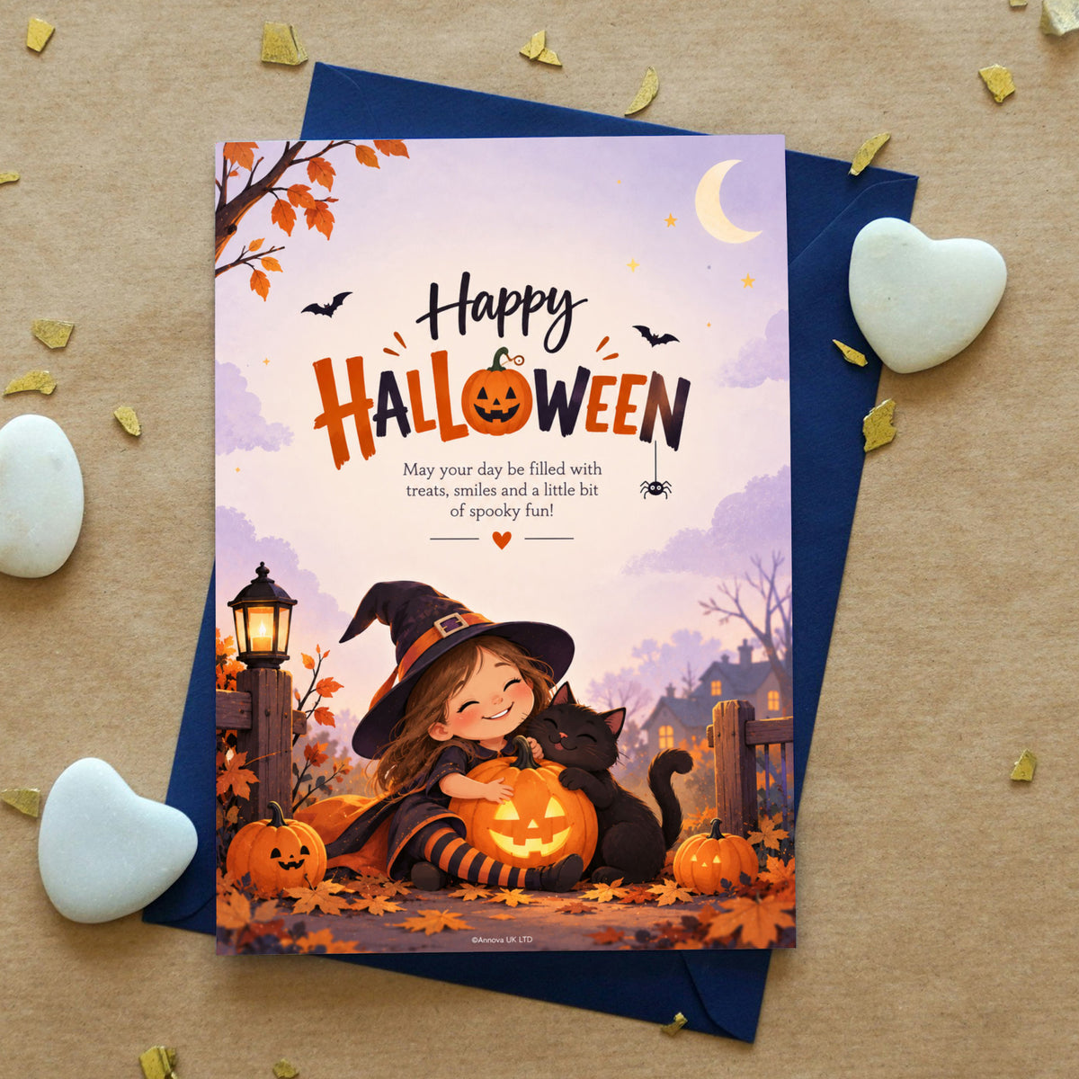 Happy Halloween Digital Card | Girl with Pumpkins & Cat