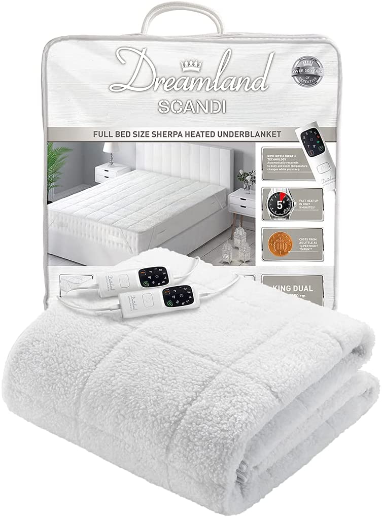 Dreamland Intelliheat+ fast heat Scandi Full Bed size Sherpa Underblanket | King size electric blanket 200 x 150cm | 2 controls, 6 temperature settings