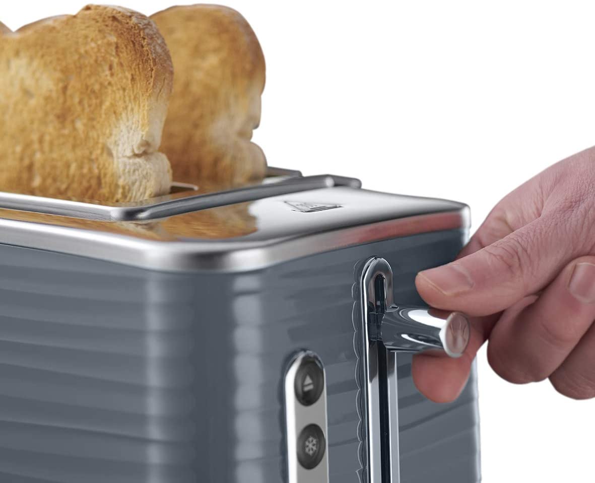 Russell Hobbs 24373 Grey Inspire 2 Slice Toaster | Wide Slot with Frozen, Cancel and Reheat Settings | High Gloss Chrome Accents | 1050 W