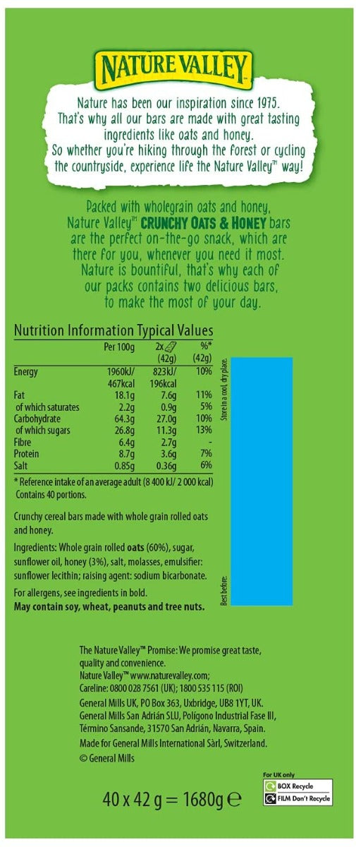 Nature Valley Crunchy Granola Bars Oats 'n' Honey, Pack of 40 Bars