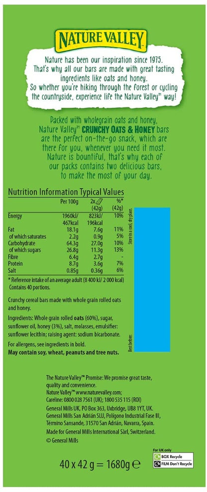 Nature Valley Crunchy Granola Bars Oats 'n' Honey, Pack of 40 Bars
