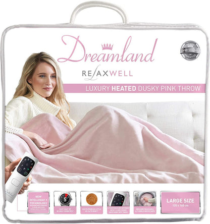 Dreamland Relaxwell Intelliheat+5 Minute Fast Heat Luxury Dusky Pink Heated Electric Throw | 120x160 cm | 1 Control, 6 Temperature Settings | Timer | Machine Washable
