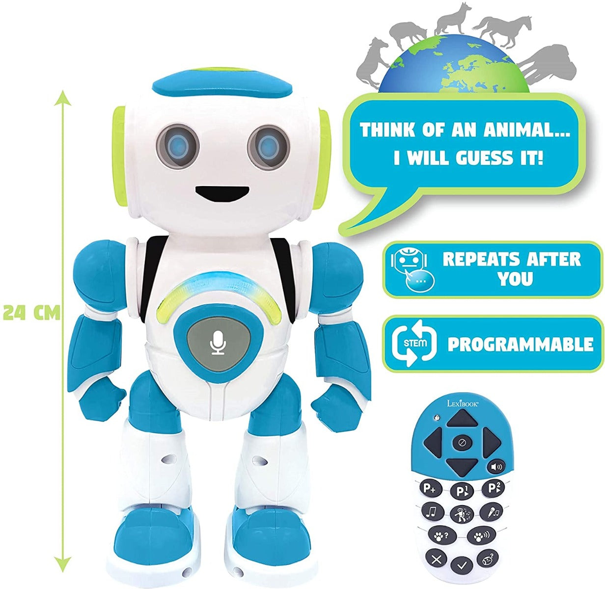 LEXIBOOK Smart Robot Powerman Junior Educational and Interactive Remote Control Toy, Blue and White , ROB20EN