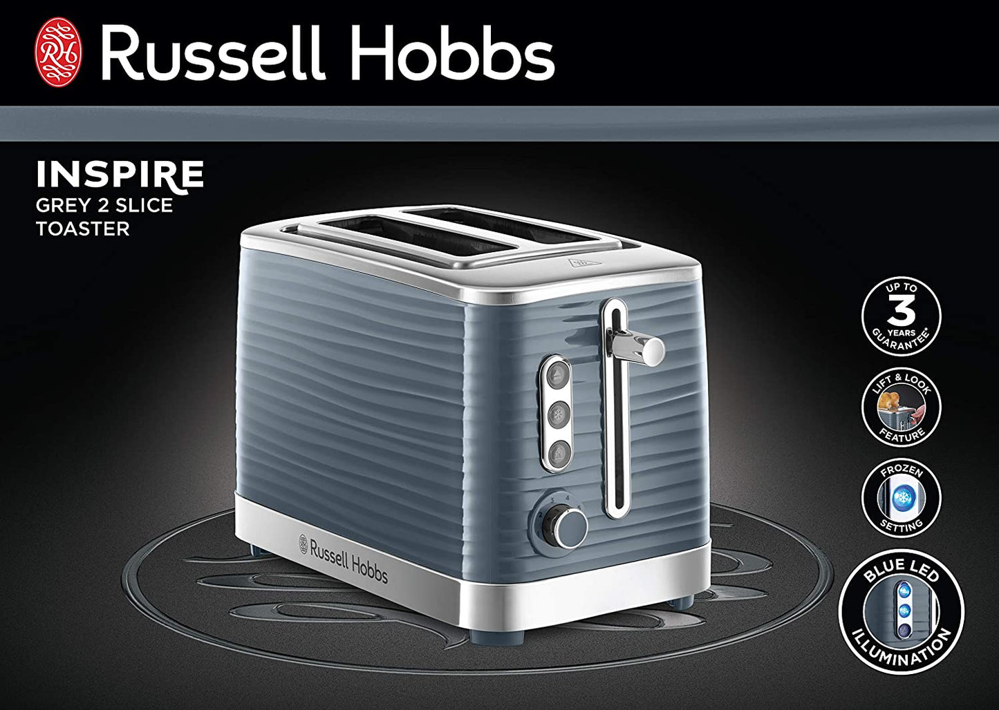 Russell Hobbs 24373 Grey Inspire 2 Slice Toaster | Wide Slot with Frozen, Cancel and Reheat Settings | High Gloss Chrome Accents | 1050 W