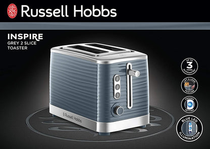 Russell Hobbs 24373 Grey Inspire 2 Slice Toaster | Wide Slot with Frozen, Cancel and Reheat Settings | High Gloss Chrome Accents | 1050 W