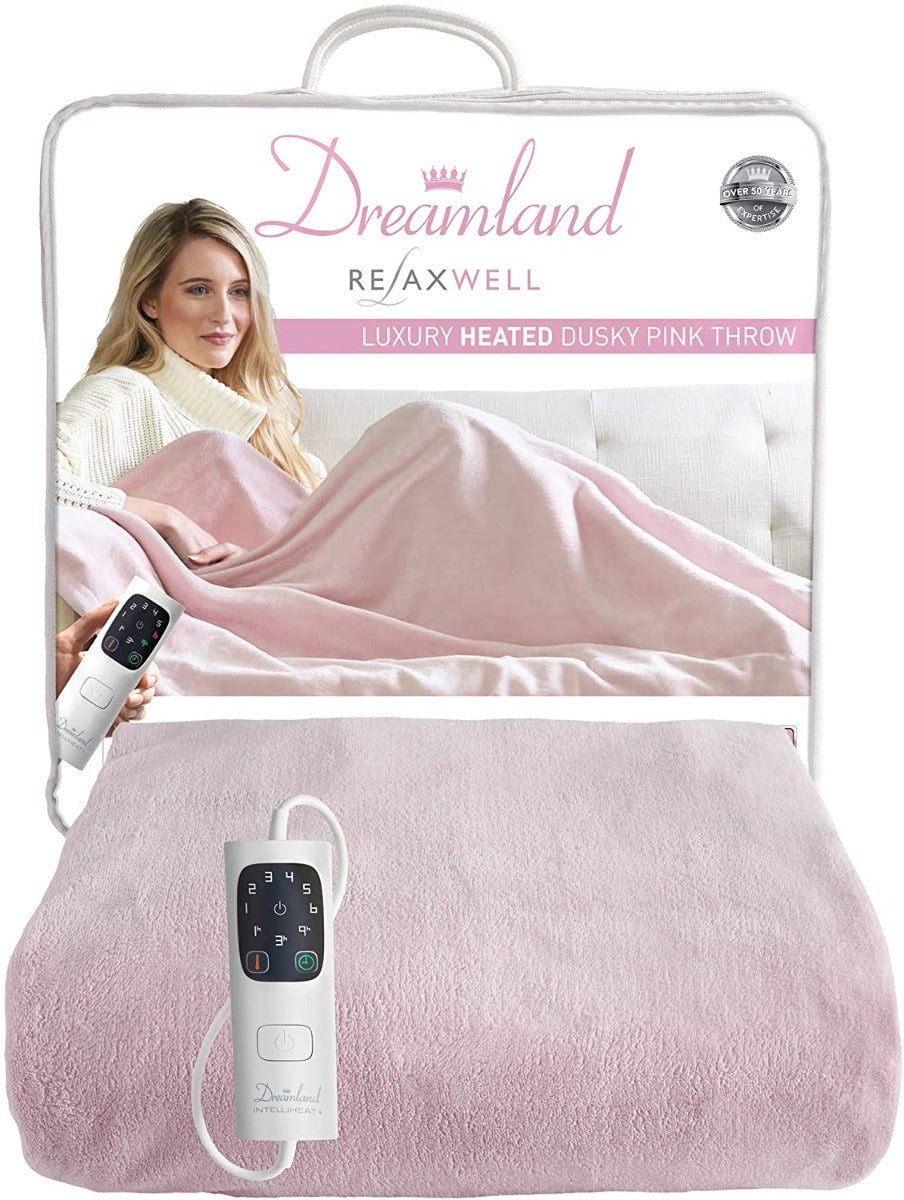 Dreamland Relaxwell Intelliheat+5 Minute Fast Heat Luxury Dusky Pink Heated Electric Throw | 120x160 cm | 1 Control, 6 Temperature Settings | Timer | Machine Washable
