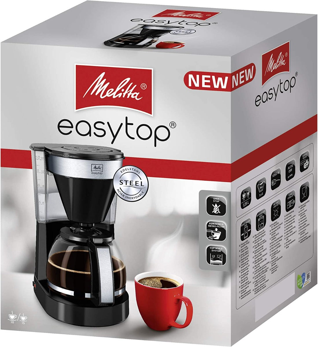 Melitta Filter Coffee Machine with Glass Jug, Easy Top II Model | Black/Brushed Steel | 6762889