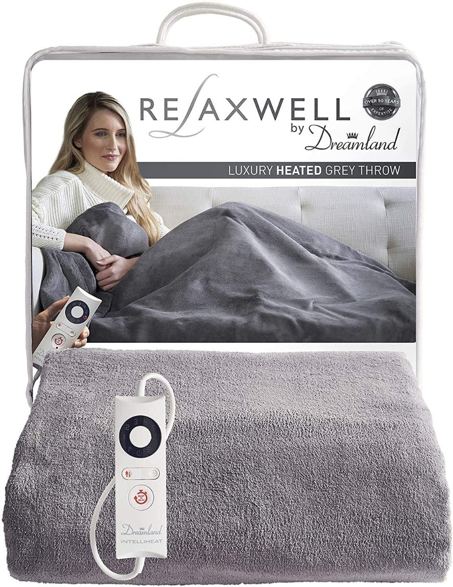 Dreamland Relaxwell Intelliheat fast heat up in 5 minutes Luxury Velvety heated electric throw | Grey | 160 x 120 cm | 6 temperature settings