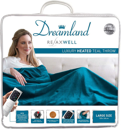 Dreamland Relaxwell Intelliheat+ 5 Minute Fast Heat Luxury Teal Blue Heated Electric Throw |120x160 cm | 1 Control, 6 Temperature Settings